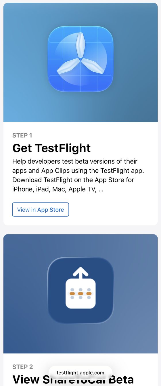 Apple's TestFlight page: Step 1, Get TestFlight, with a View in App Store button. Step 2, View ShareToCal Beta.